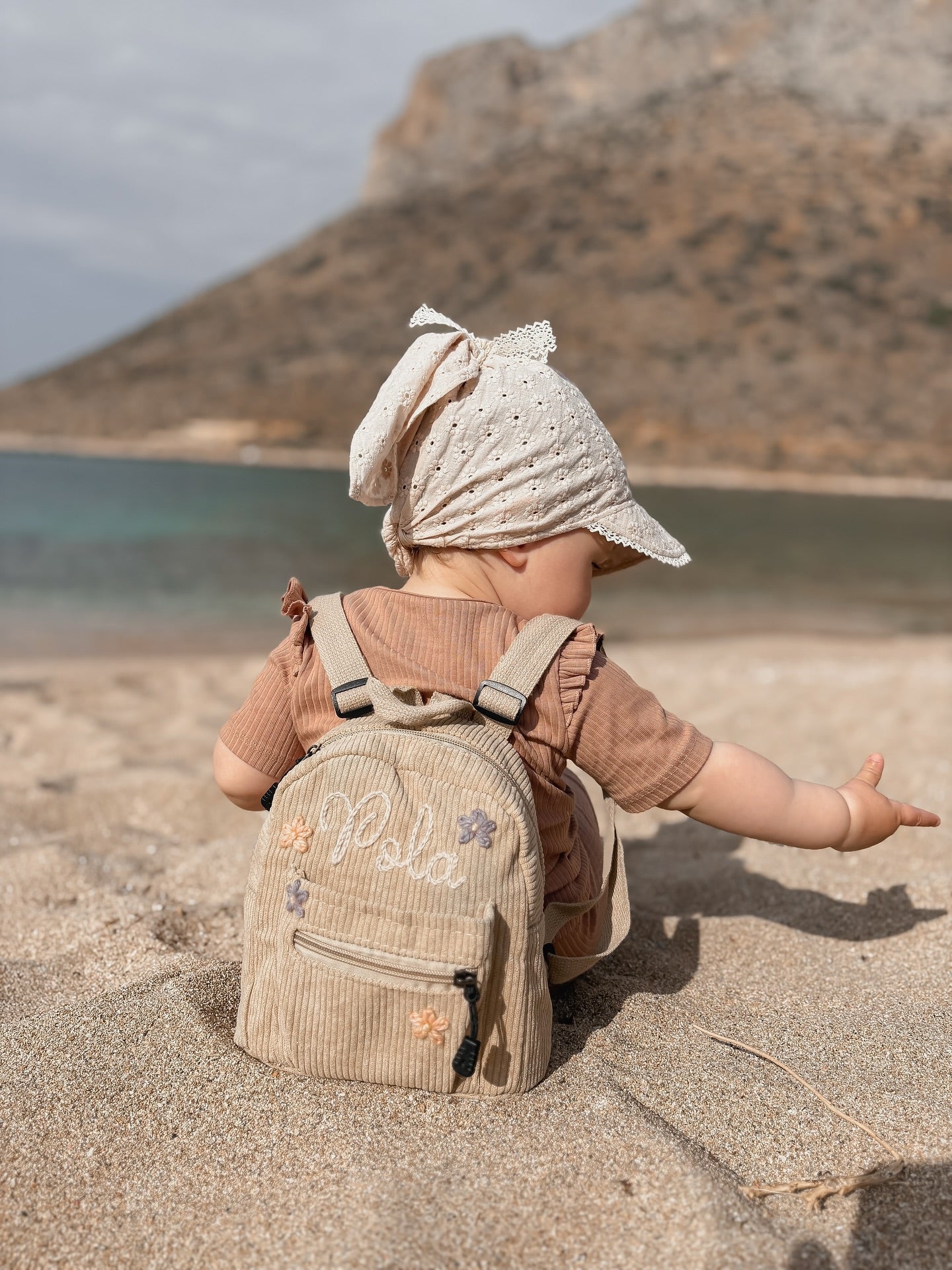 Hand Knitted personalised kids mini backpack (0-18m)